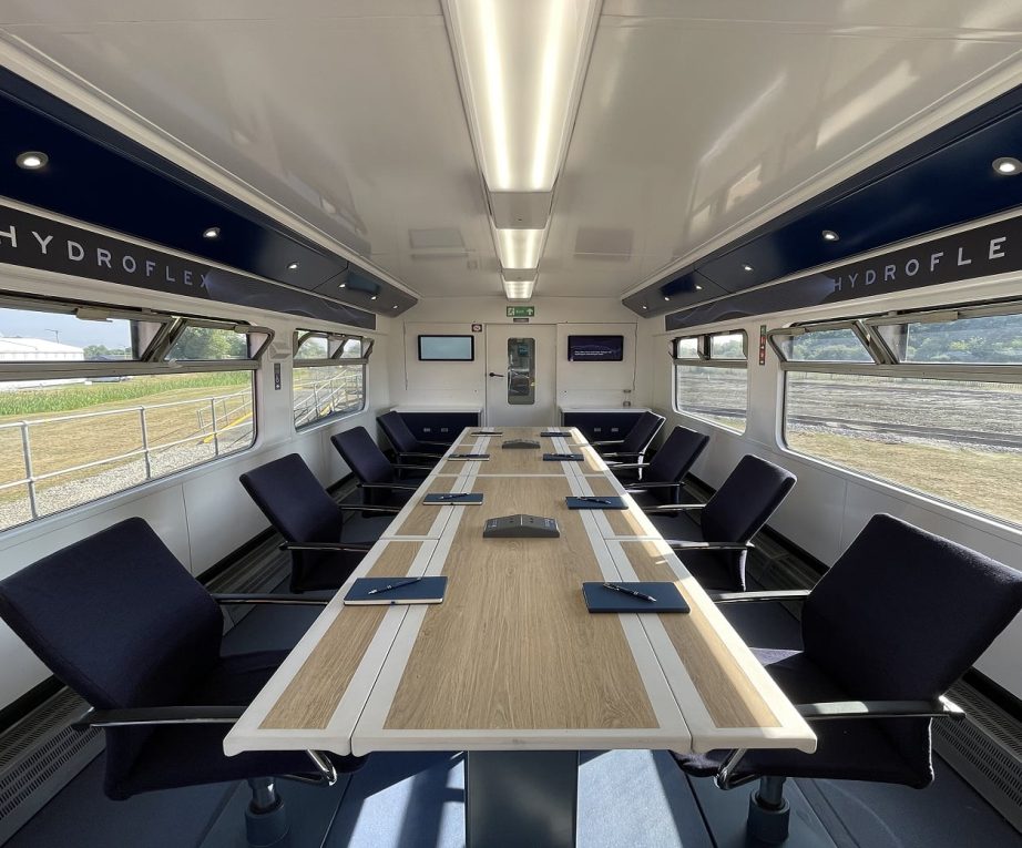 Hydroflex branding on board the train board room